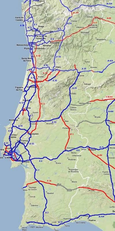 Mapa autostrad w Portugalii